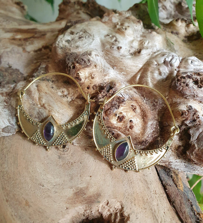 Amethyst & Brass Ethnic Earrings / Boho / Yoga / Rustic / Gypsy / Tribal / Bohemian / Festival / Coachella / Chic