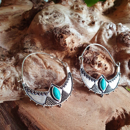 Turquoise Silver Ethnic Earrings, rustic, yoga, hippie, gypsy, pretty, psy, boho, bohemian, festival