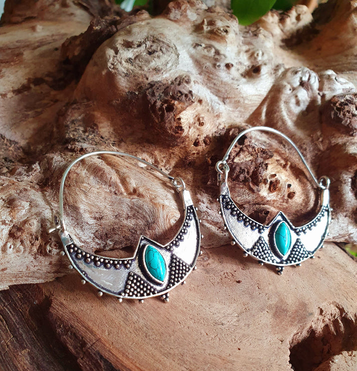 Turquoise Silver Ethnic Earrings, rustic, yoga, hippie, gypsy, pretty, psy, boho, bohemian, festival