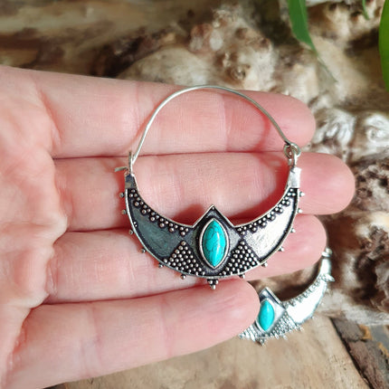 Turquoise Silver Ethnic Earrings, rustic, yoga, hippie, gypsy, pretty, psy, boho, bohemian, festival