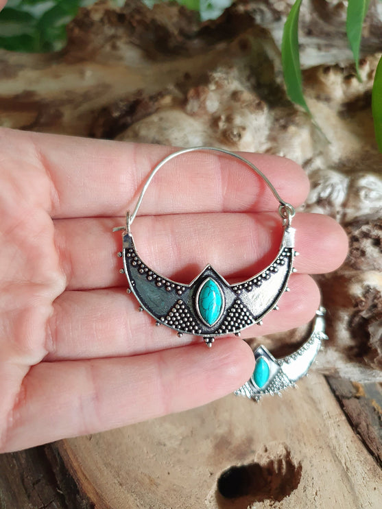 Turquoise Silver Ethnic Earrings, rustic, yoga, hippie, gypsy, pretty, psy, boho, bohemian, festival