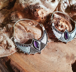 Amethyst & Silver Ethnic Earrings / Boho / Yoga / Rustic / Gypsy / Tribal / Bohemian / Festival / Coachella / Chic