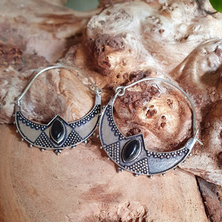 Black Onyx & Silver Ethnic Earrings / Boho / Yoga / Rustic / Gypsy / Tribal / Bohemian / Festival / Coachella / Chic