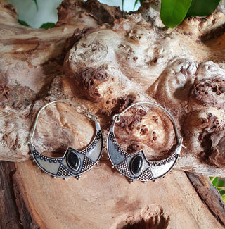 Black Onyx & Silver Ethnic Earrings / Boho / Yoga / Rustic / Gypsy / Tribal / Bohemian / Festival / Coachella / Chic