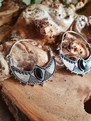 Black Onyx & Silver Ethnic Earrings / Boho / Yoga / Rustic / Gypsy / Tribal / Bohemian / Festival / Coachella / Chic