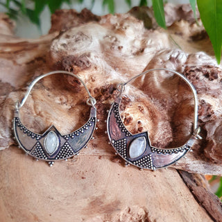 Silver Ethnic Hoops Moonstone Earrings Ethnic, rustic, yoga, hippie, gypsy, pretty, psy, boho, bohemian, festival