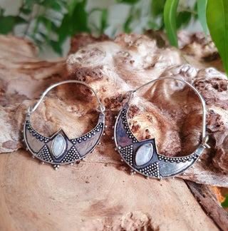 Silver Ethnic Hoops Moonstone Earrings Ethnic, rustic, yoga, hippie, gypsy, pretty, psy, boho, bohemian, festival