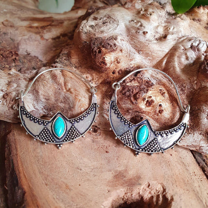 Turquoise Silver Ethnic Earrings, rustic, yoga, hippie, gypsy, pretty, psy, boho, bohemian, festival