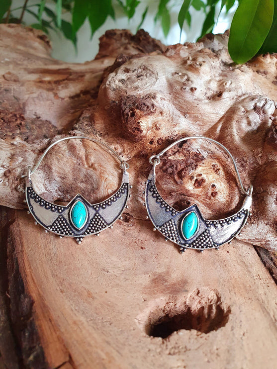 Turquoise Silver Ethnic Earrings, rustic, yoga, hippie, gypsy, pretty, psy, boho, bohemian, festival