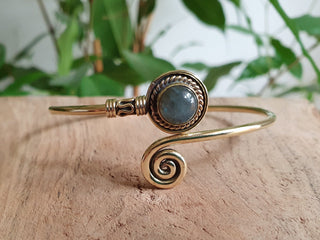 Gold Bracelet & Labradorite / Brass / Adjustable / Spiral / Ethnic / Rustic / Bohemian / Boho /