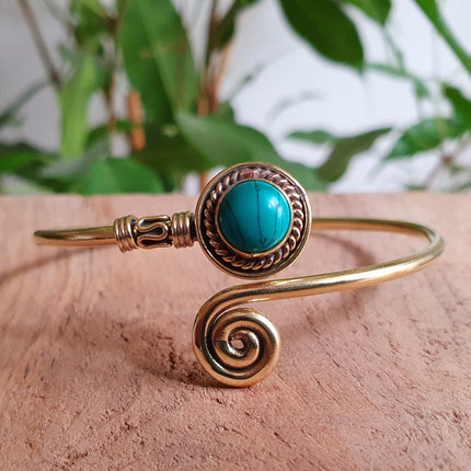 Jonc Turquoise / Laiton / Spirale / Bracelet / Ethnique / Bohème / Réglable / Boho