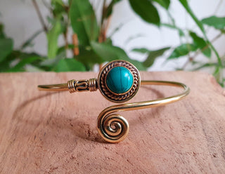 Gold Bracelet & Turquoise / Brass / Adjustable / Spiral / Ethnic / Rustic / Bohemian / Boho /