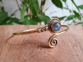 Gold Bracelet & Labradorite / Brass / Adjustable / Spiral / Ethnic / Rustic / Bohemian / Boho /