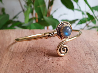 Gold Bracelet & Labradorite / Brass / Adjustable / Spiral / Ethnic / Rustic / Bohemian / Boho /