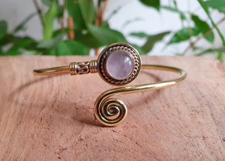 Gold Bracelet & Rose Quartz / Brass / Adjustable / Spiral / Ethnic / Rustic / Bohemian / Boho /