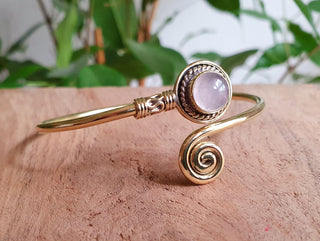 Gold Bracelet & Rose Quartz / Brass / Adjustable / Spiral / Ethnic / Rustic / Bohemian / Boho /