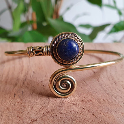 Gold Bracelet & Lapis Lazuli / Brass / Adjustable / Spiral / Ethnic / Rustic / Bohemian / Boho /