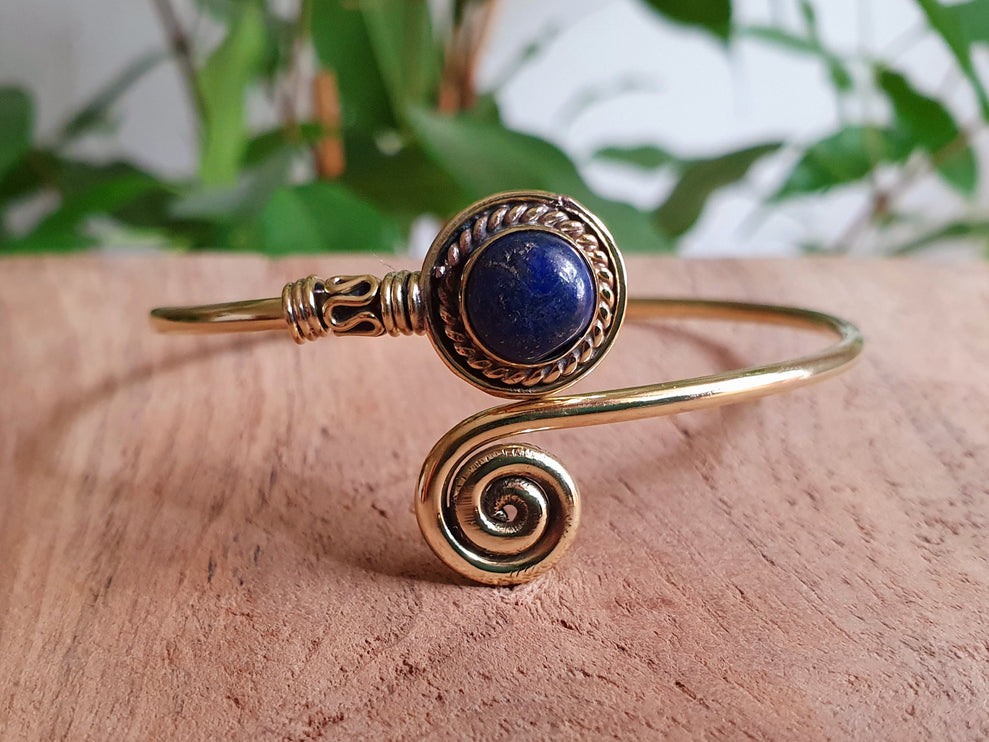 Gold Bracelet & Lapis Lazuli / Brass / Adjustable / Spiral / Ethnic / Rustic / Bohemian / Boho /