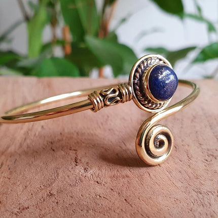 Gold Bracelet & Lapis Lazuli / Brass / Adjustable / Spiral / Ethnic / Rustic / Bohemian / Boho /