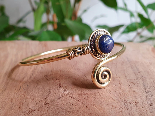 Gold Bracelet & Lapis Lazuli / Brass / Adjustable / Spiral / Ethnic / Rustic / Bohemian / Boho /