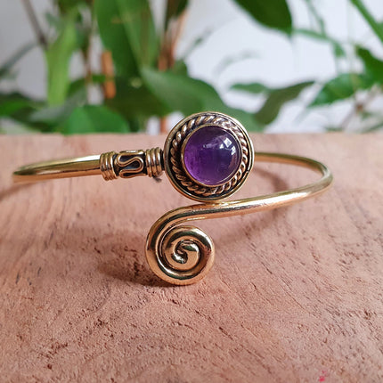 Gold Bracelet & Amethyst / Brass / Adjustable / Spiral / Ethnic / Rustic / Bohemian / Boho /