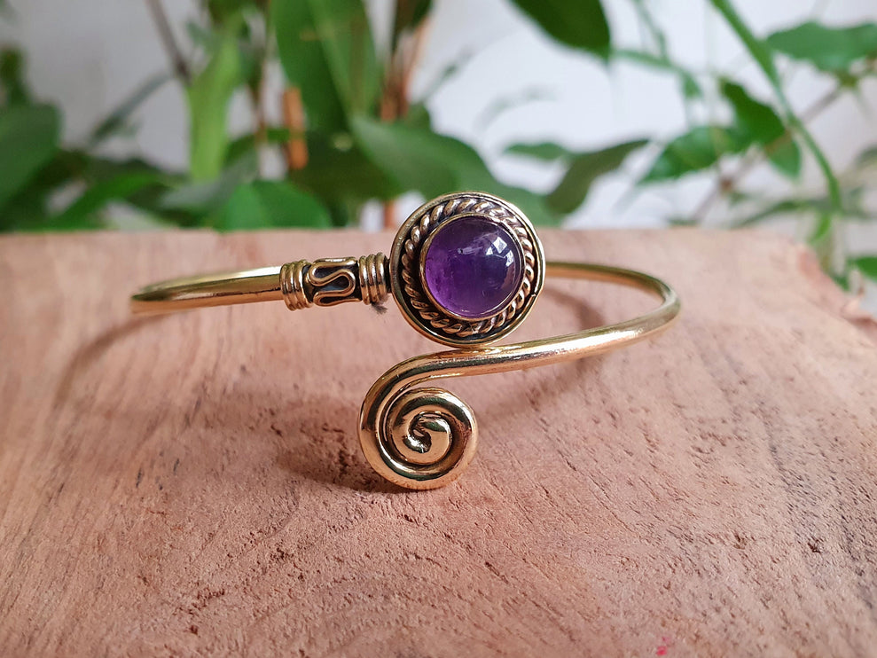 Gold Bracelet & Amethyst / Brass / Adjustable / Spiral / Ethnic / Rustic / Bohemian / Boho /