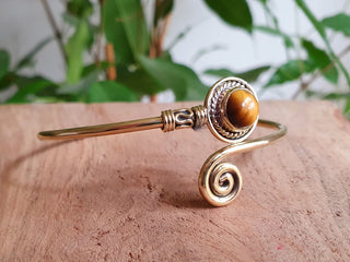 Gold Bracelet & Tiger Eye / Brass / Adjustable / Spiral / Ethnic / Rustic / Bohemian / Boho /