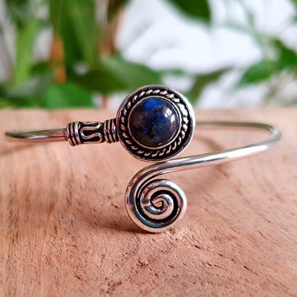 Silver Bracelet & Blue Moonstone / Brass / Adjustable / Spiral / Ethnic / Rustic / Bohemian / Boho /