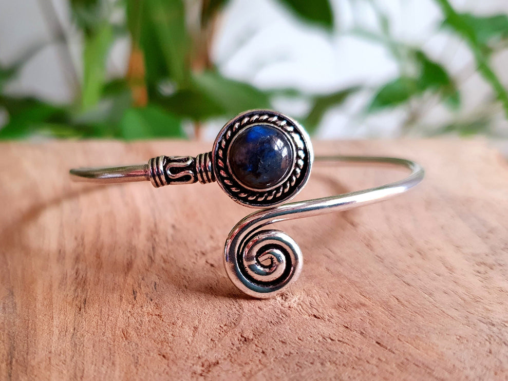 Silver Bracelet & Blue Moonstone / Brass / Adjustable / Spiral / Ethnic / Rustic / Bohemian / Boho /