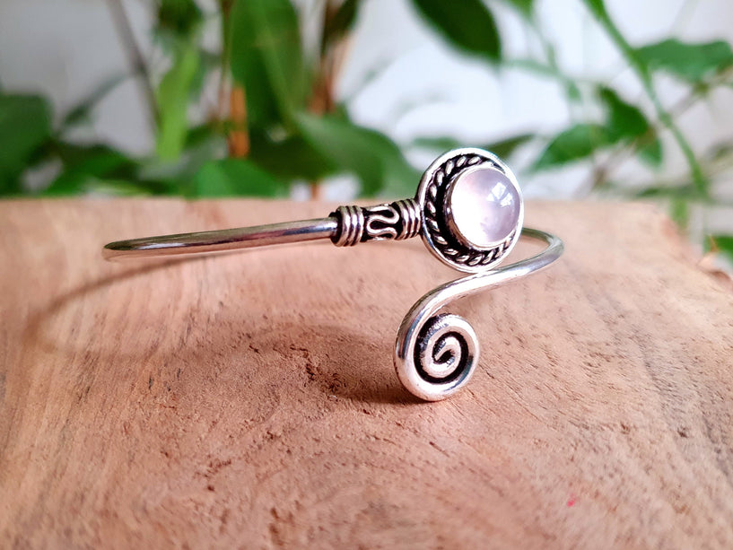 Silver Bracelet & Rose Quartz / Bangle / Adjustable / Spiral / Ethnic / Rustic / Bohemian / Boho / 