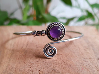 Silver Bracelet & Amethyst / Brass / Adjustable / Spiral / Ethnic / Rustic / Bohemian / Boho /