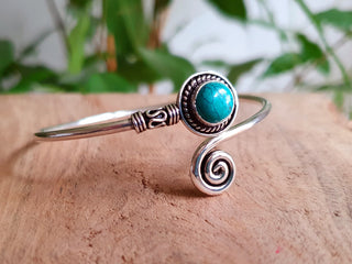 Silver Bracelet & Turquoise / Brass / Adjustable / Spiral / Ethnic / Rustic / Bohemian / Boho /