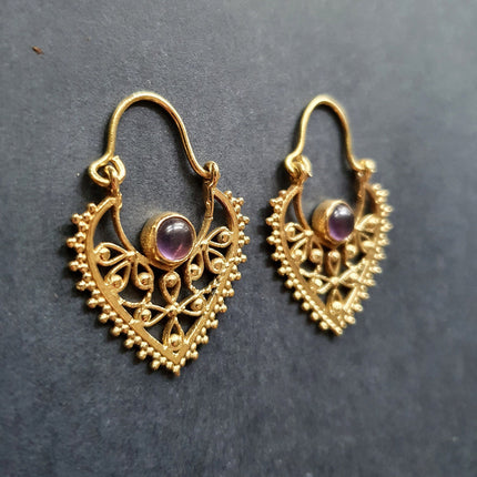 Small Boho Earrings Amethyst Brass Earrings / Triangle / Mandala / Ethnic / Rustic / Yoga / Hippie / Gypsy / Psy / Bohemian / Festival