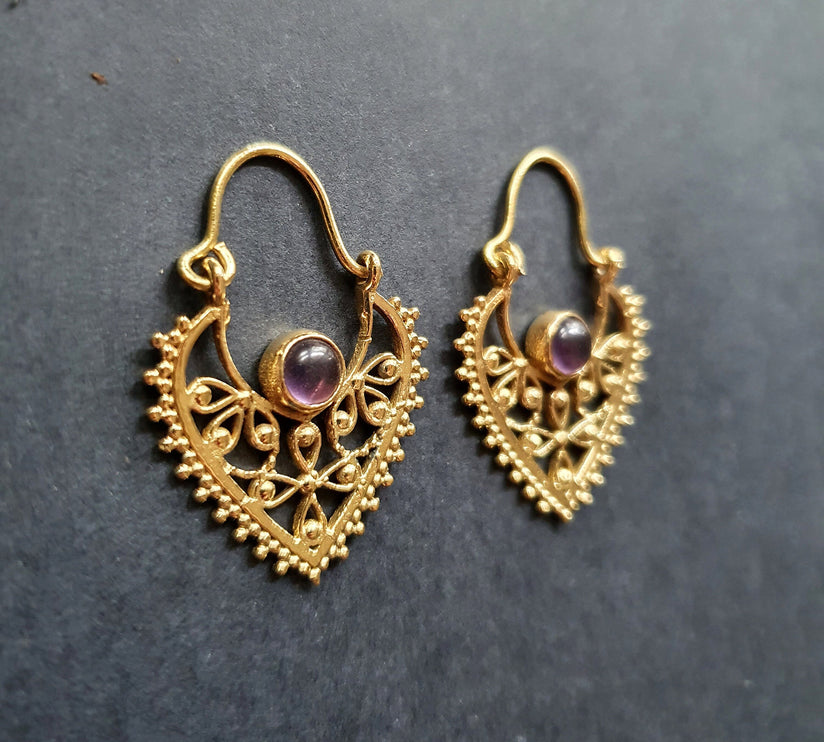 Small Boho Earrings Amethyst Brass Earrings / Triangle / Mandala / Ethnic / Rustic / Yoga / Hippie / Gypsy / Psy / Bohemian / Festival