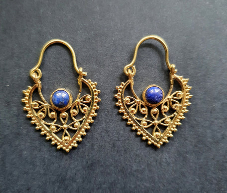 Small Boho Earrings Lapis Lazuli Brass Earrings / Triangle / Mandala / Ethnic / Rustic / Yoga / Hippie / Gypsy / Psy / Bohemian / Festival