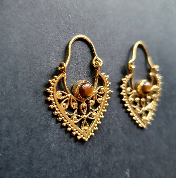 Small Boho Earrings Tiger Eye Brass Earrings / Triangle / Mandala / Ethnic / Rustic / Yoga / Hippie / Gypsy / Psy / Bohemian / Festival