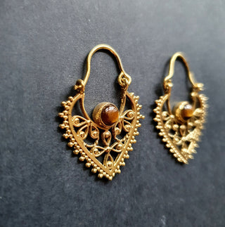 Small Boho Earrings Tiger Eye Brass Earrings / Triangle / Mandala / Ethnic / Rustic / Yoga / Hippie / Gypsy / Psy / Bohemian / Festival