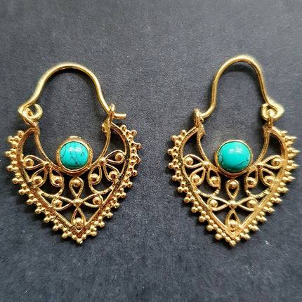 Small Boho Earrings Turquoise Brass Earrings / Triangle / Mandala / Ethnic / Rustic / Yoga / Hippie / Gypsy / Psy / Bohemian / Festival