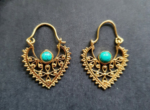 Small Boho Earrings Turquoise Brass Earrings / Triangle / Mandala / Ethnic / Rustic / Yoga / Hippie / Gypsy / Psy / Bohemian / Festival