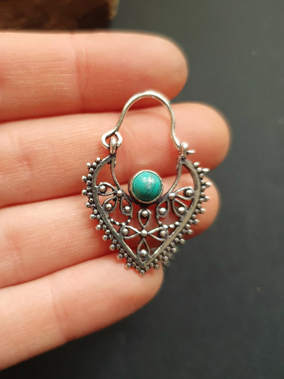 Small Boho Silver Earrings Turquoise / Triangle / Mandala / Ethnic / Rustic / Yoga / Hippie / Gypsy / Psy / Bohemian / Festival