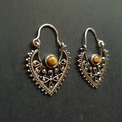 Small Boho Silver Earrings Tiger Eye / Mandala / Ethnic / Rustic / Yoga / Hippie / Gypsy / Psy / Bohemian / Festival