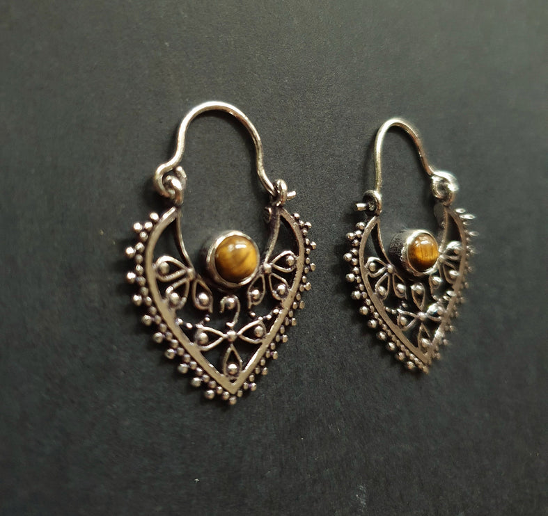 Small Boho Silver Earrings Tiger Eye / Mandala / Ethnic / Rustic / Yoga / Hippie / Gypsy / Psy / Bohemian / Festival