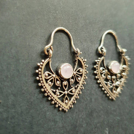 Small Boho Silver Earrings Rose Quartz / Triangle / Mandala / Ethnic / Rustic / Yoga / Hippie / Gypsy / Psy / Bohemian / Festival