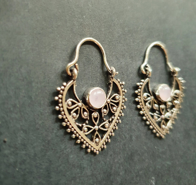 Small Boho Silver Earrings Rose Quartz / Triangle / Mandala / Ethnic / Rustic / Yoga / Hippie / Gypsy / Psy / Bohemian / Festival