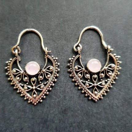 Small Boho Silver Earrings Rose Quartz / Triangle / Mandala / Ethnic / Rustic / Yoga / Hippie / Gypsy / Psy / Bohemian / Festival