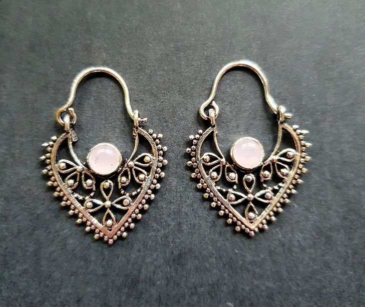 Small Boho Silver Earrings Rose Quartz / Triangle / Mandala / Ethnic / Rustic / Yoga / Hippie / Gypsy / Psy / Bohemian / Festival