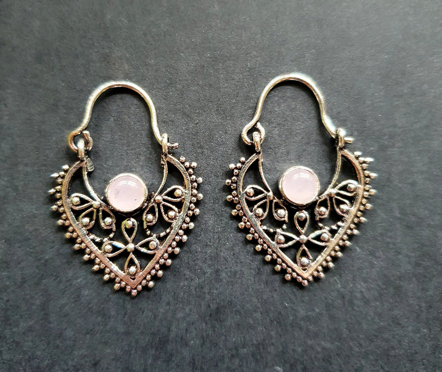 Small Boho Silver Earrings Rose Quartz / Triangle / Mandala / Ethnic / Rustic / Yoga / Hippie / Gypsy / Psy / Bohemian / Festival