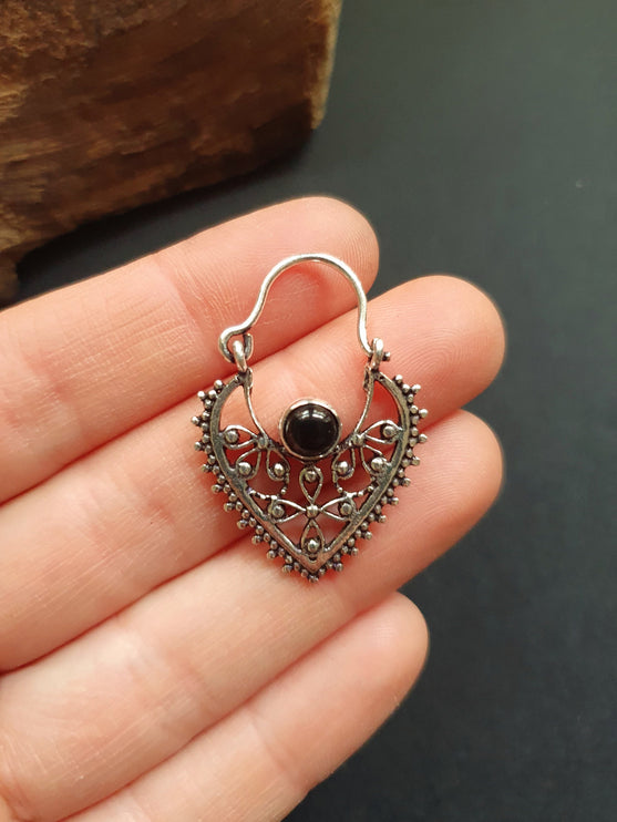 Small Boho Silver Earrings Black Onyx / Triangle / Mandala / Ethnic / Rustic / Yoga / Hippie / Gypsy / Psy / Bohemian / Festival