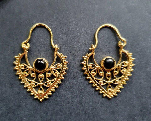 Small Boho Golden Earrings Black Onyx / Brass Triangle / Mandala / Ethnic / Rustic / Yoga / Hippie / Gypsy / Psy / Bohemian / Festival