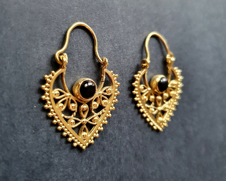 Small Boho Golden Earrings Black Onyx / Brass Triangle / Mandala / Ethnic / Rustic / Yoga / Hippie / Gypsy / Psy / Bohemian / Festival